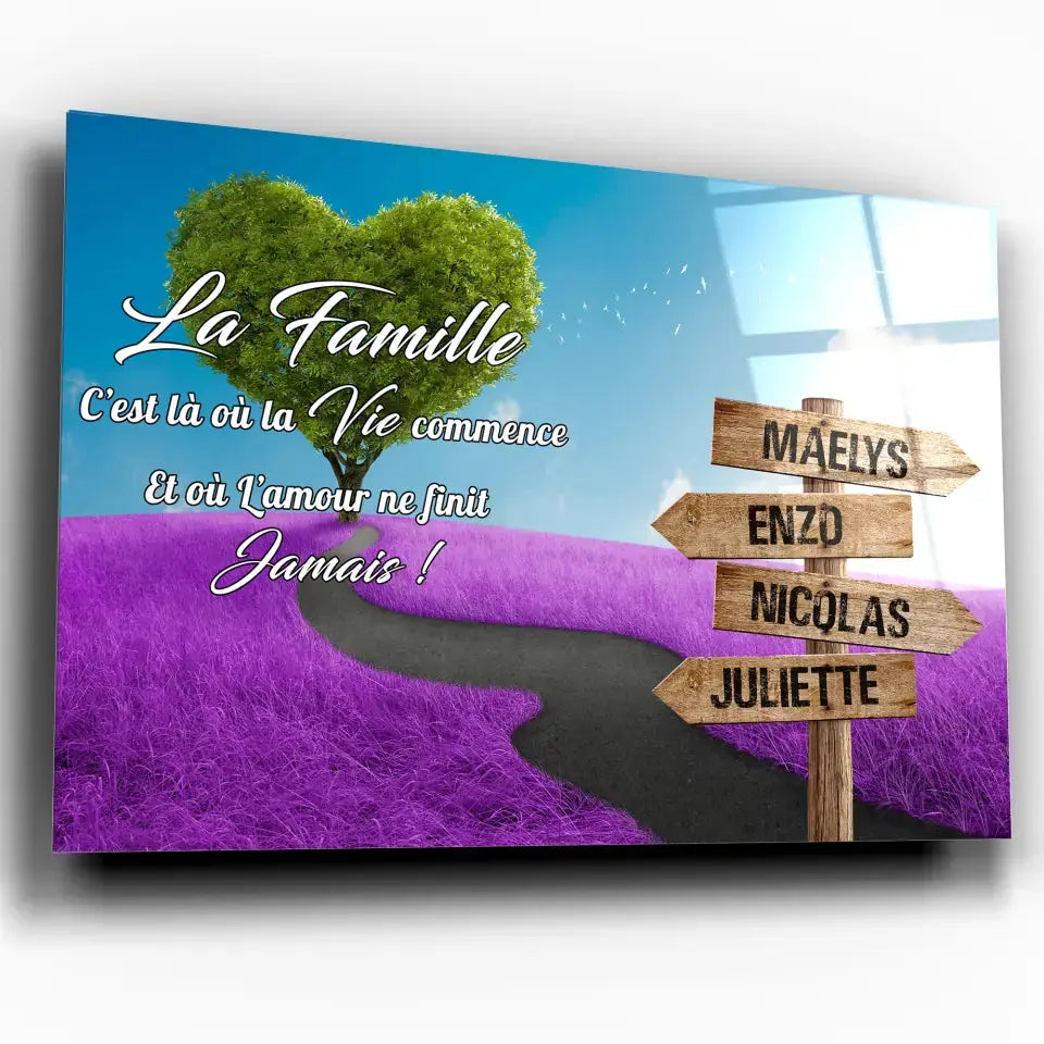 Tableau prénoms - Arbre cœur et champ violet Toile Unique.fr