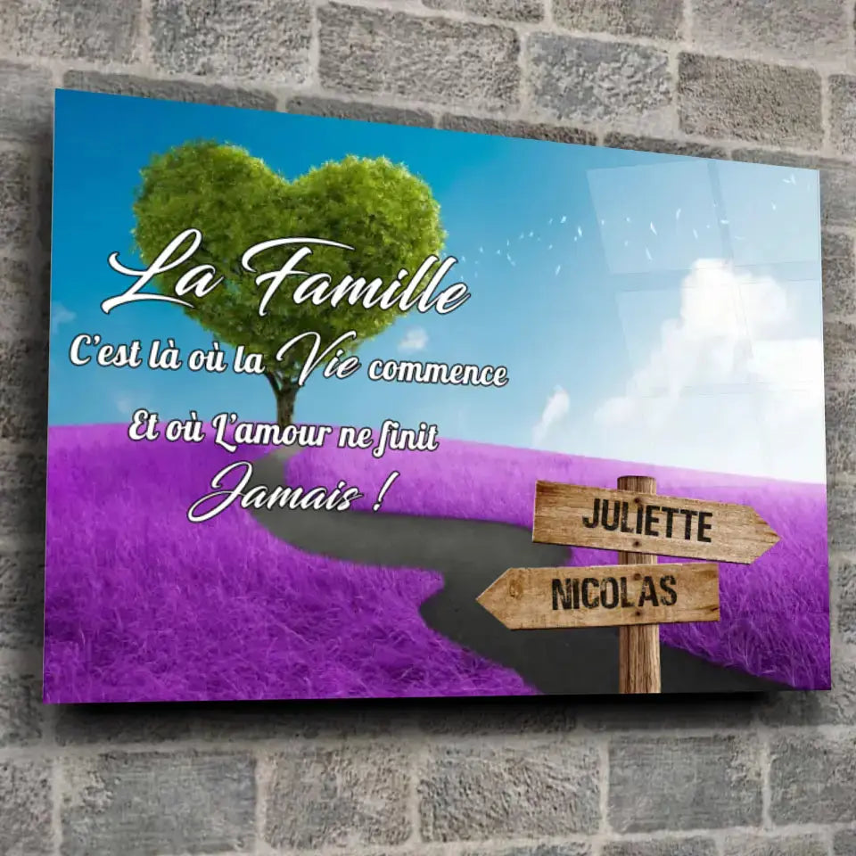 Tableau prénoms - Arbre cœur et champ violet Toile Unique.fr
