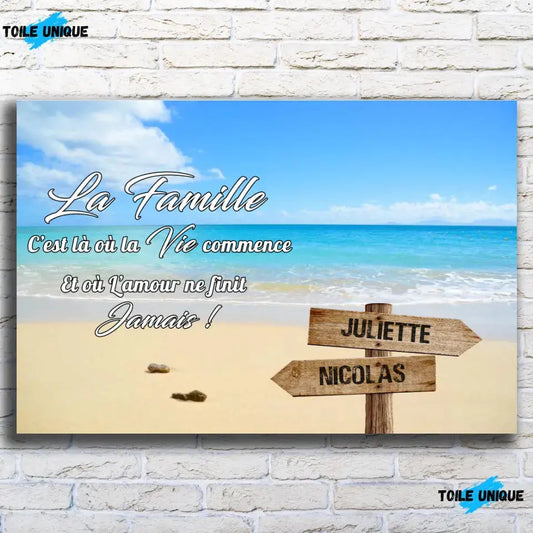 Tableau prénoms - plage sable fin (famille) Toile Unique.fr