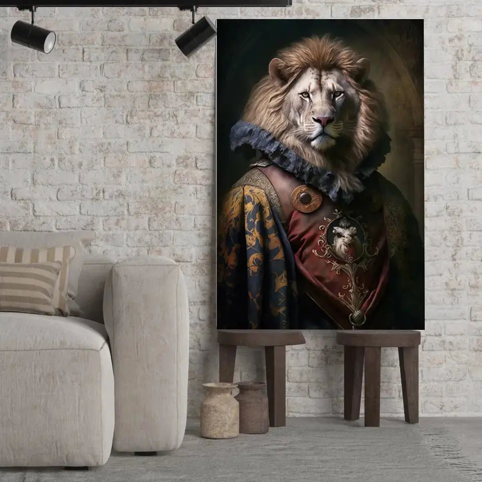 Tableau Aristocratique Lion Royal en Tenue d'Époque - Toile Unique