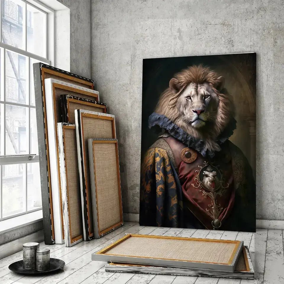 Tableau Aristocratique Lion Royal en Tenue d'Époque - Toile Unique