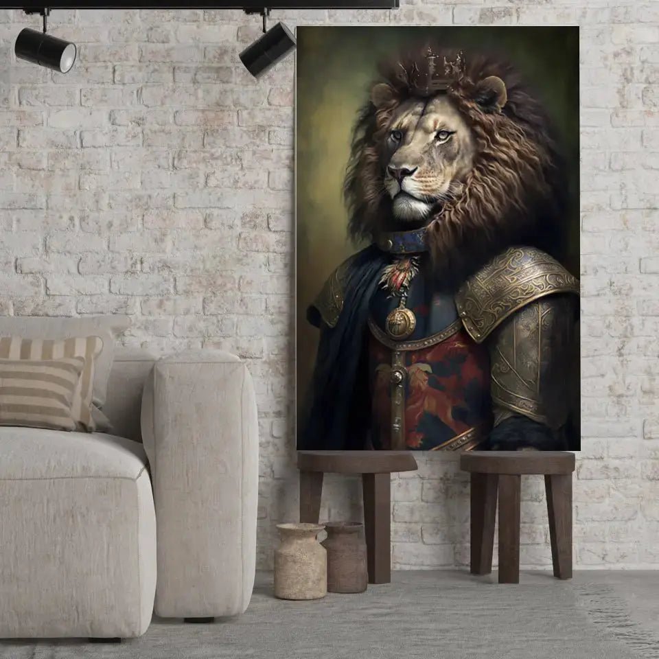 Tableau Lion avec Couronne et Armure Médiévale - Toile Unique