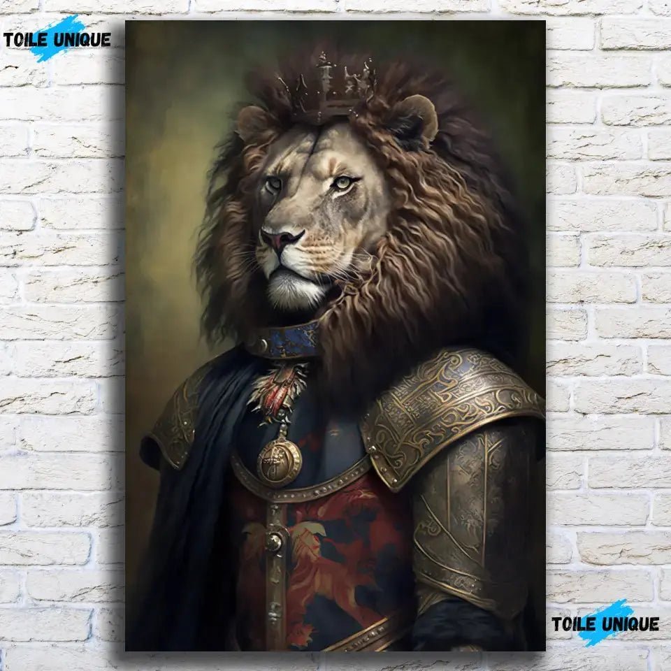 Tableau Lion avec Couronne et Armure Médiévale - Toile Unique