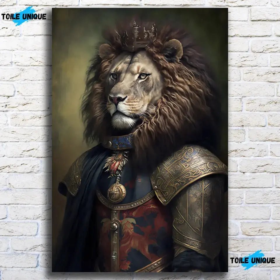 Tableau Lion avec Couronne et Armure Médiévale - Toile Unique