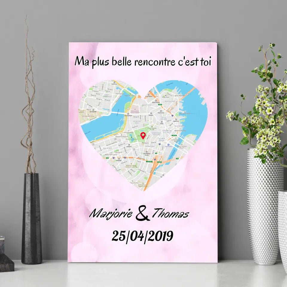 Tableau Maps Style - Cœur - Toile Unique