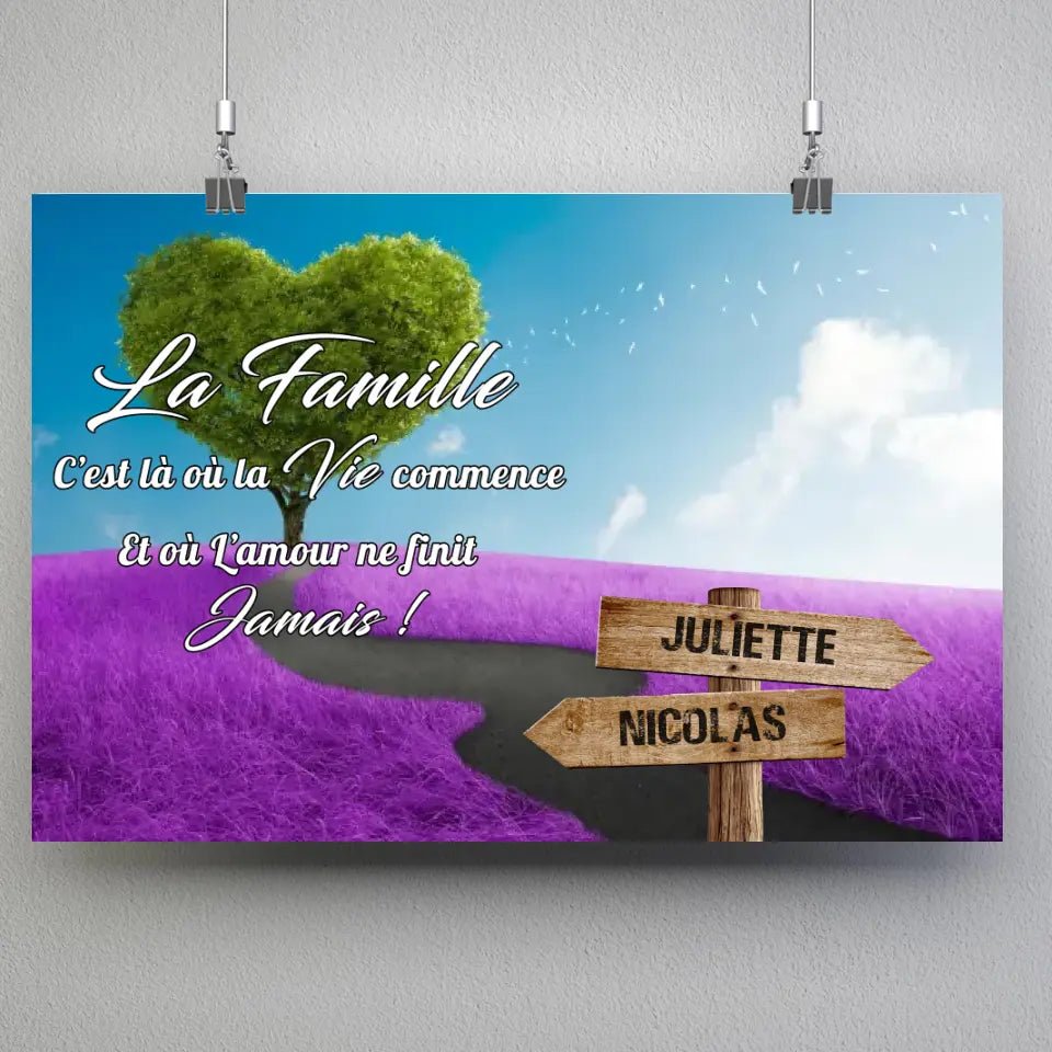 Tableau prénoms - Arbre cœur et champ violet - Toile Unique