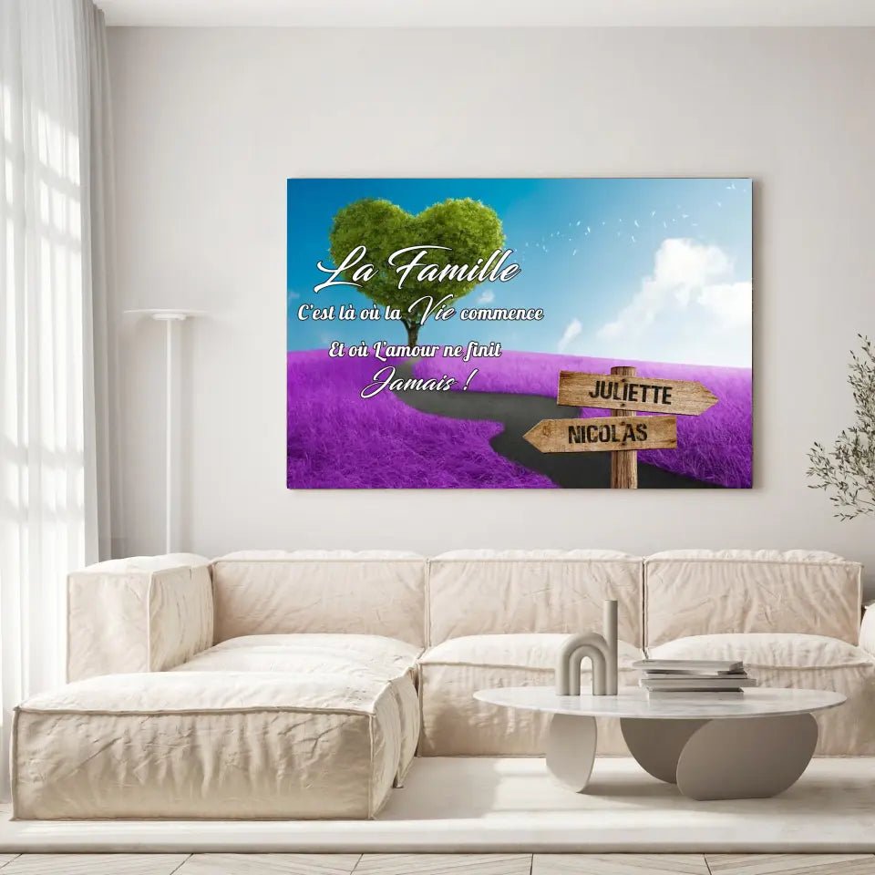 Tableau prénoms - Arbre cœur et champ violet - Toile Unique