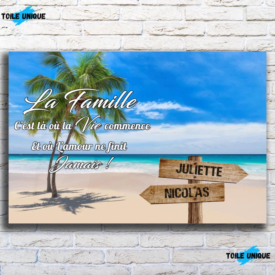 Tableau prénoms - plage et cocotiers (famille) - Toile Unique