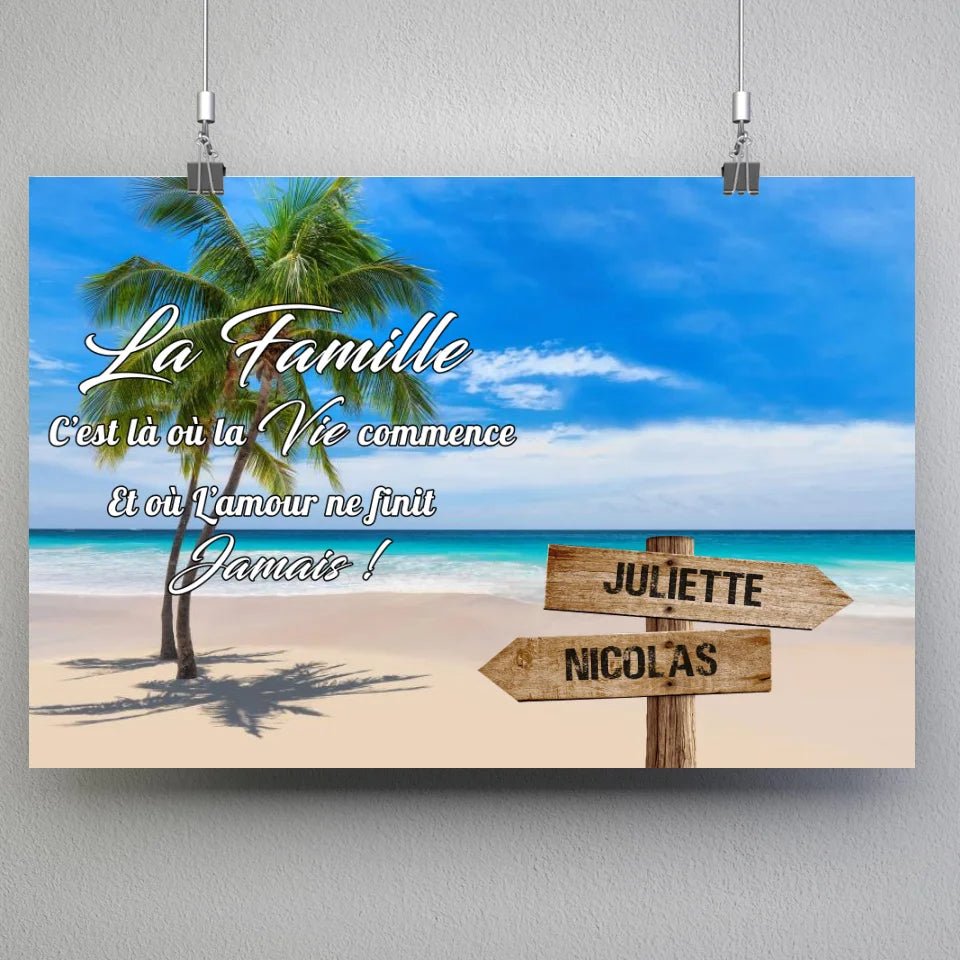 Tableau prénoms - plage et cocotiers (famille) - Toile Unique