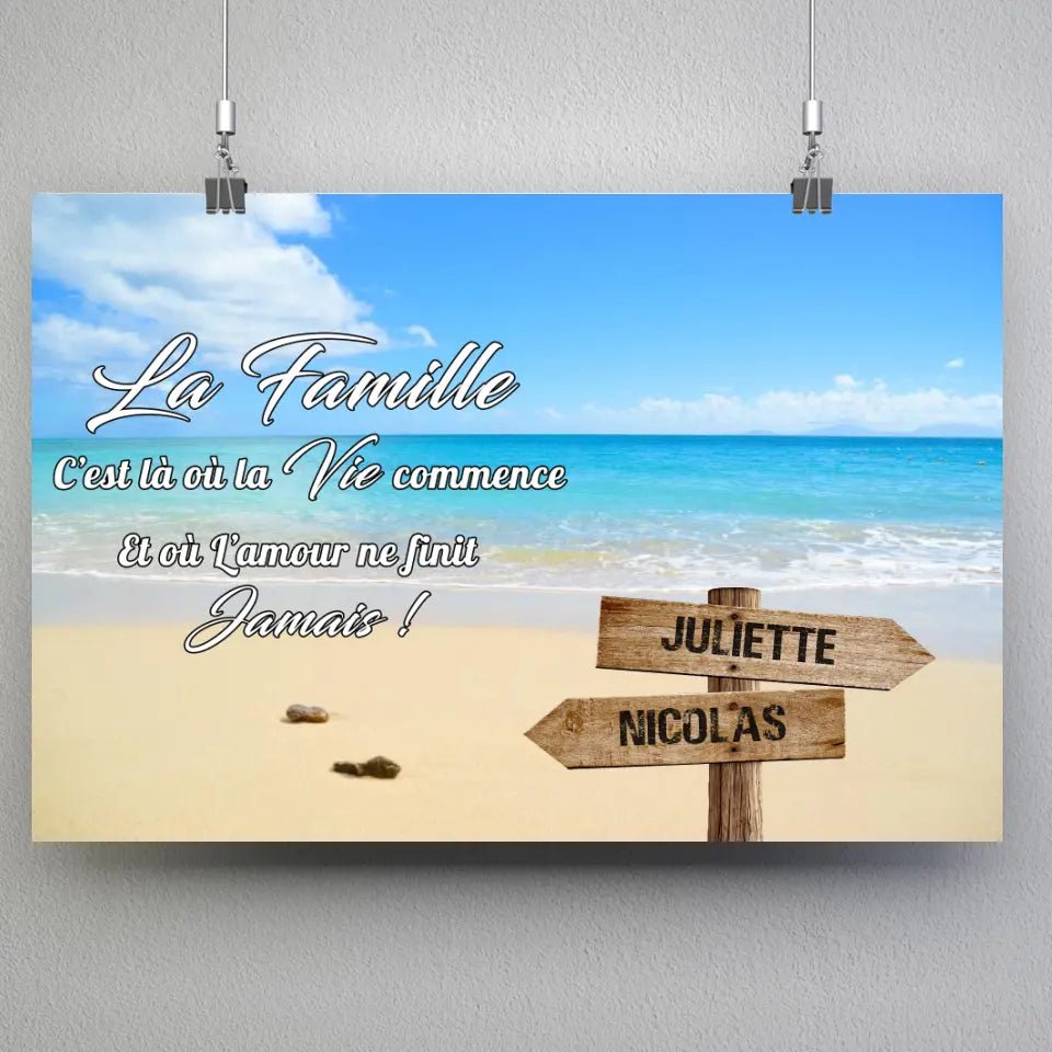 Tableau prénoms - plage sable fin (famille) - Toile Unique