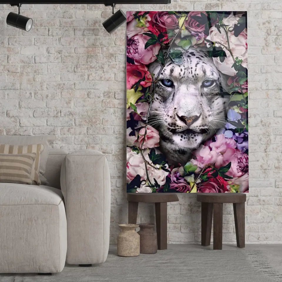 Tableau tigre blanc fleurs - Toile Unique