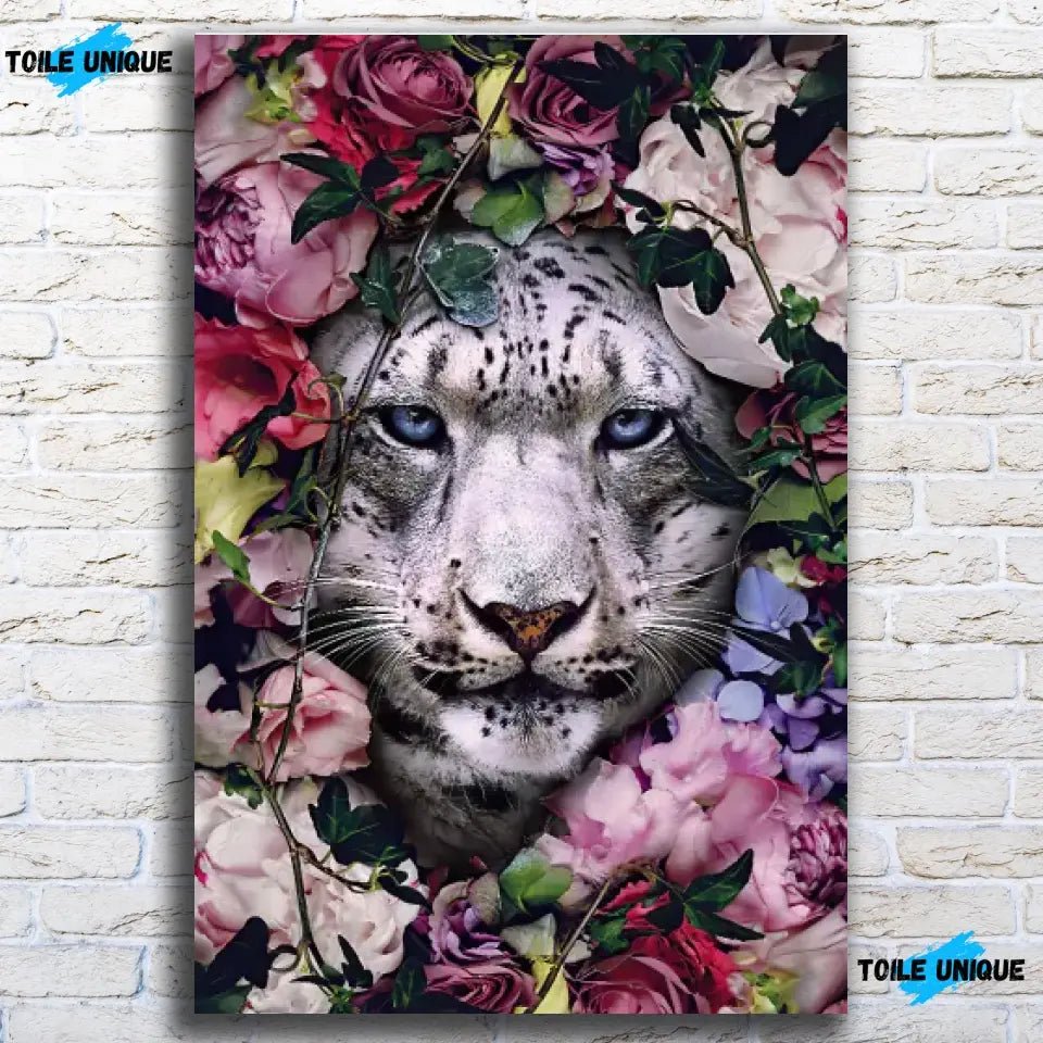 Tableau tigre blanc fleurs - Toile Unique