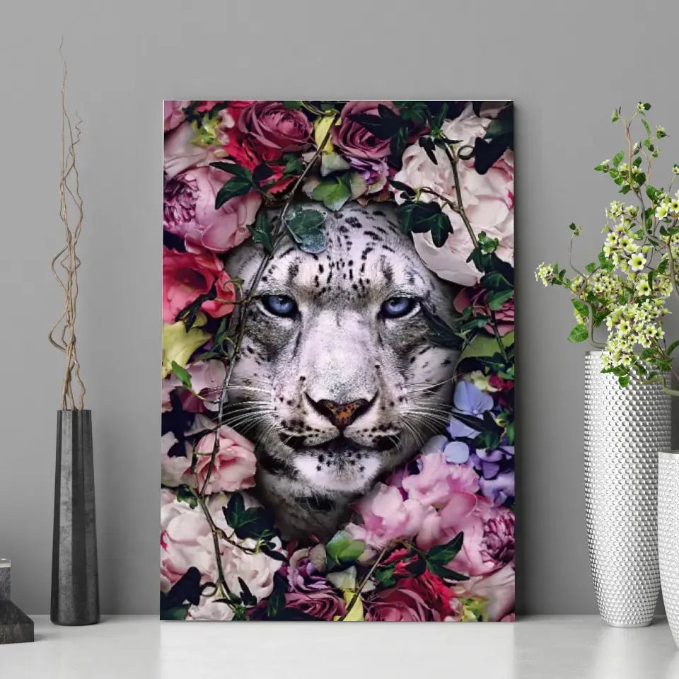 Tableau tigre blanc fleurs - Toile Unique