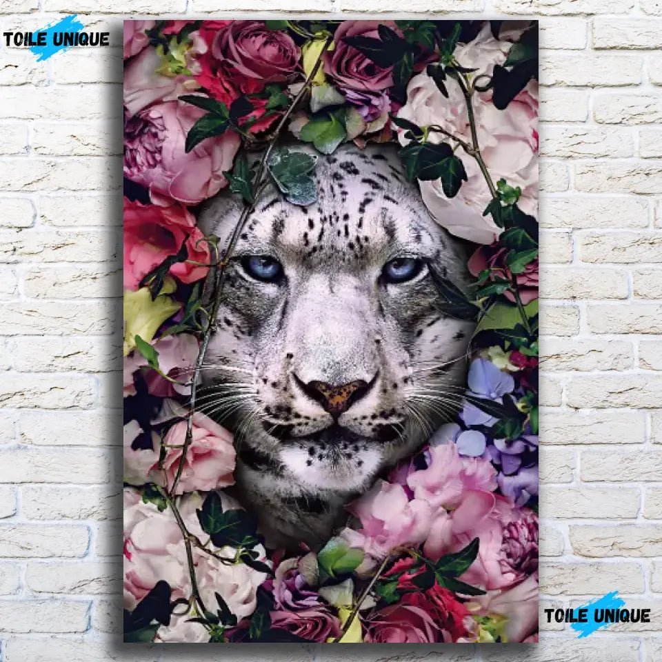 Tableau tigre blanc fleurs - Toile Unique