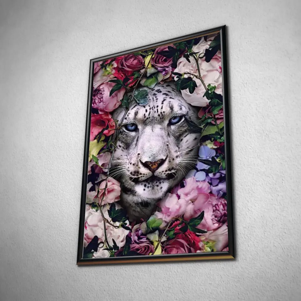 Tableau tigre blanc fleurs - Toile Unique