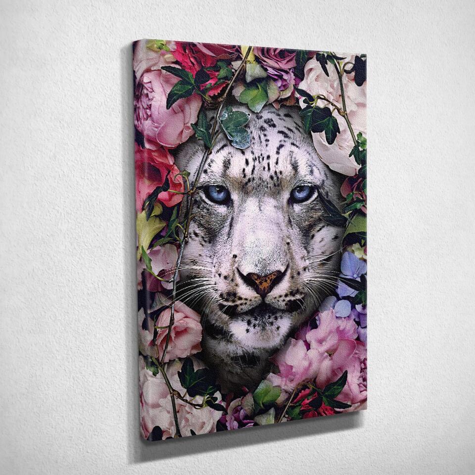 Tableau tigre blanc fleurs - Toile Unique