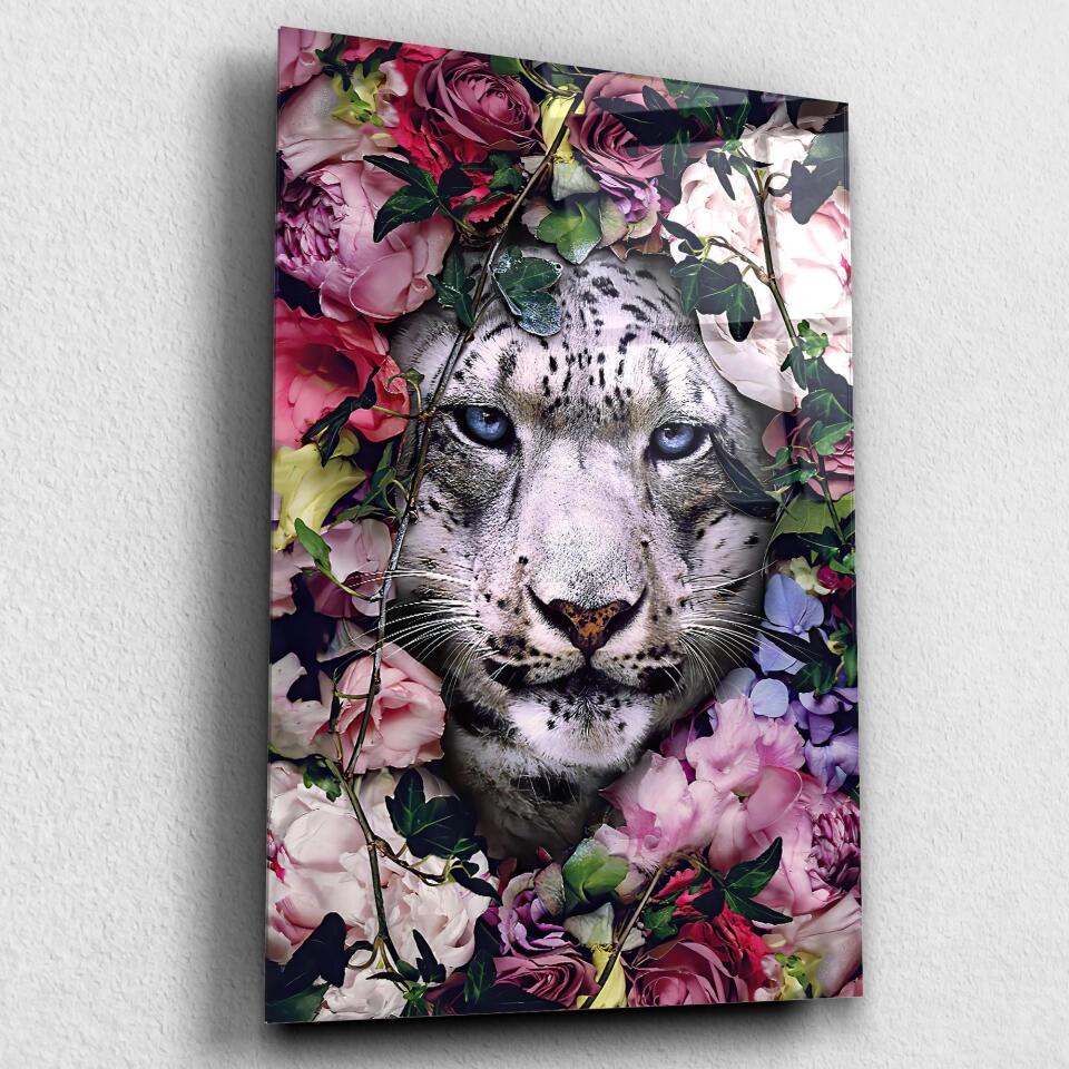 Tableau tigre blanc fleurs - Toile Unique