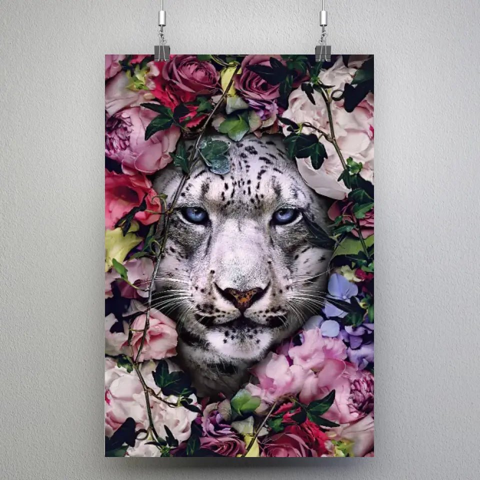 Tableau tigre blanc fleurs - Toile Unique