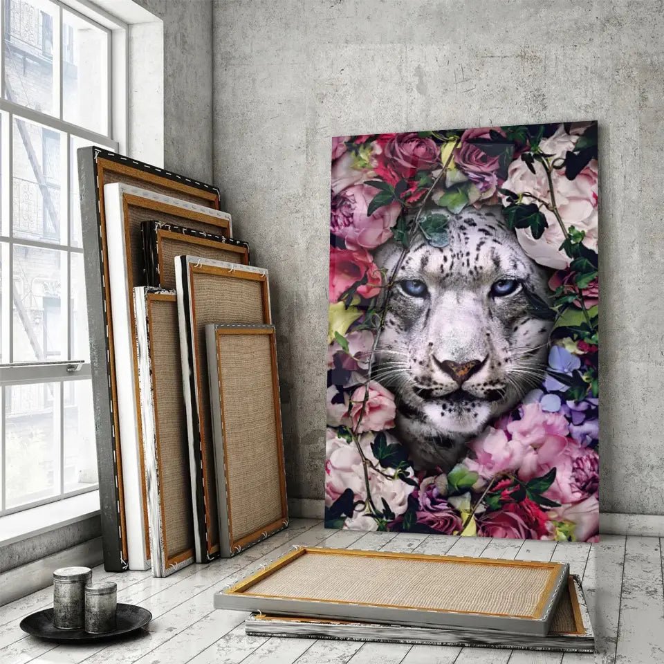 Tableau tigre blanc fleurs - Toile Unique